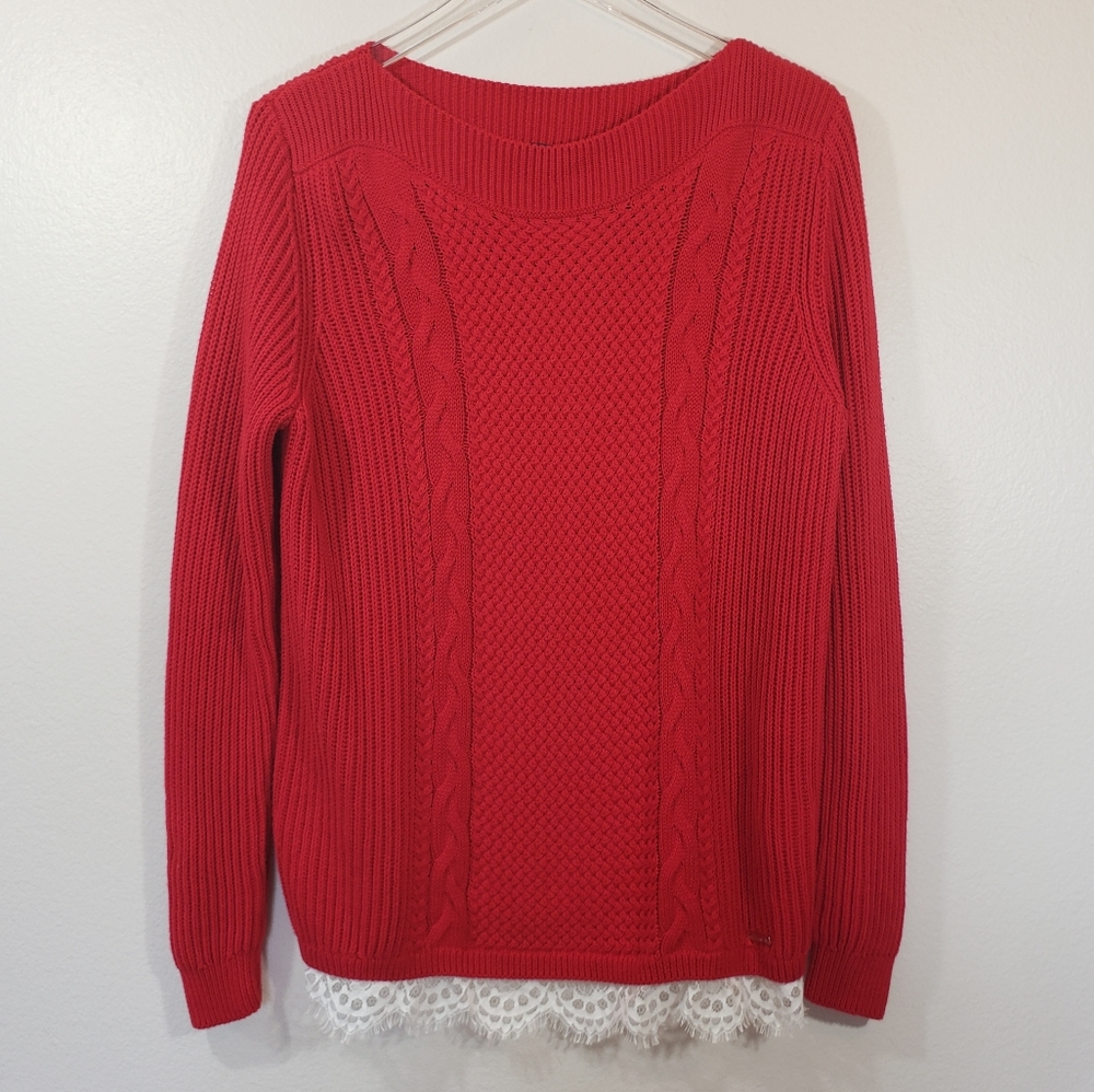 Tommy Hilfiger Cable Knit Lace Hem Sweater Large